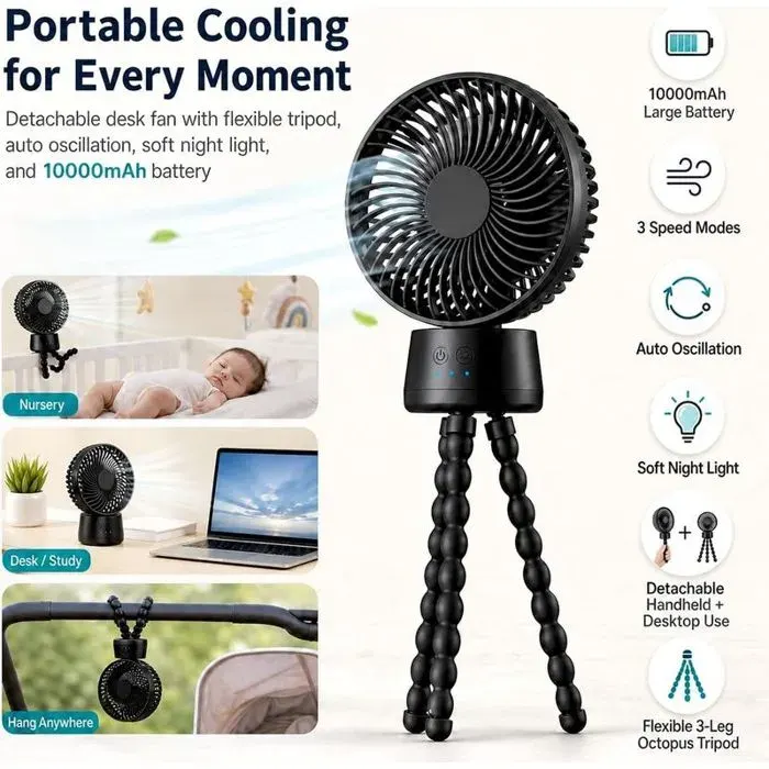 Ventilateur Poussette USB Rechargeable avec Trépied Flexible 3 Vitesses-Noir