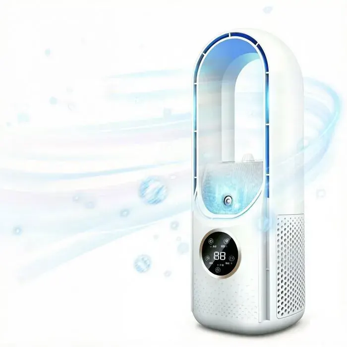 Ventilateur rafraîchisseur dair portable - PRUMYA - USB - 6 vitesses - Brumisateur 100 ml - Minuterie - Silencieux — coloris Blanche