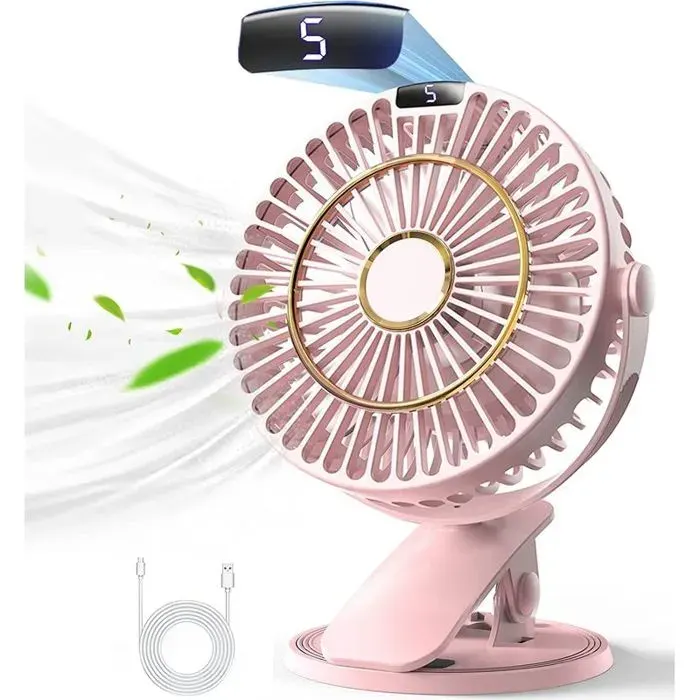 Ventilateur Rechargeable 5 Vitesses Écran LCD 720° Silencieux – Rose