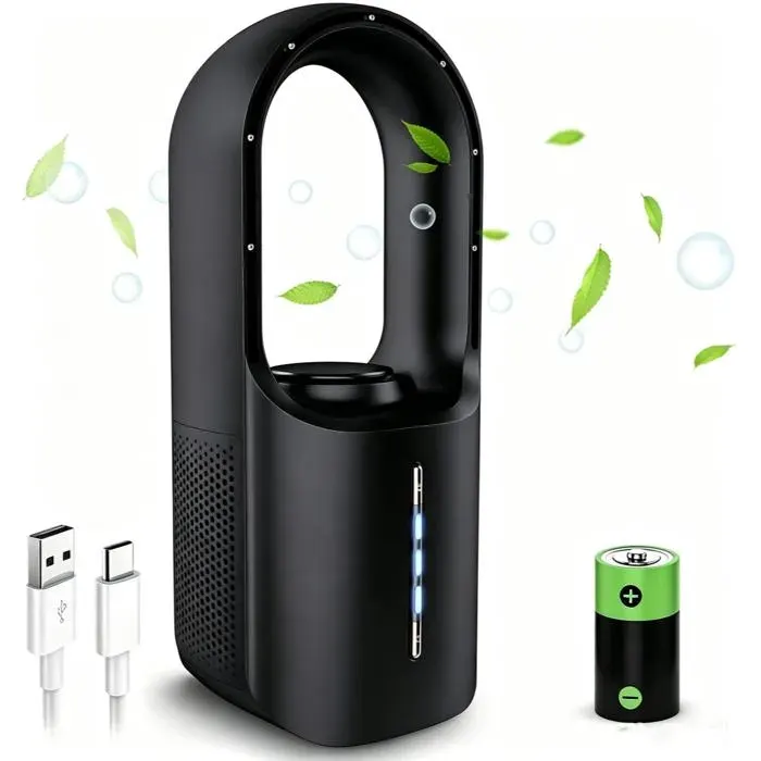 Ventilateur sans pale de table USB humidifiant silencieux moteur sans balais 3 vitesses vent 35m/s 3 lumières RGB