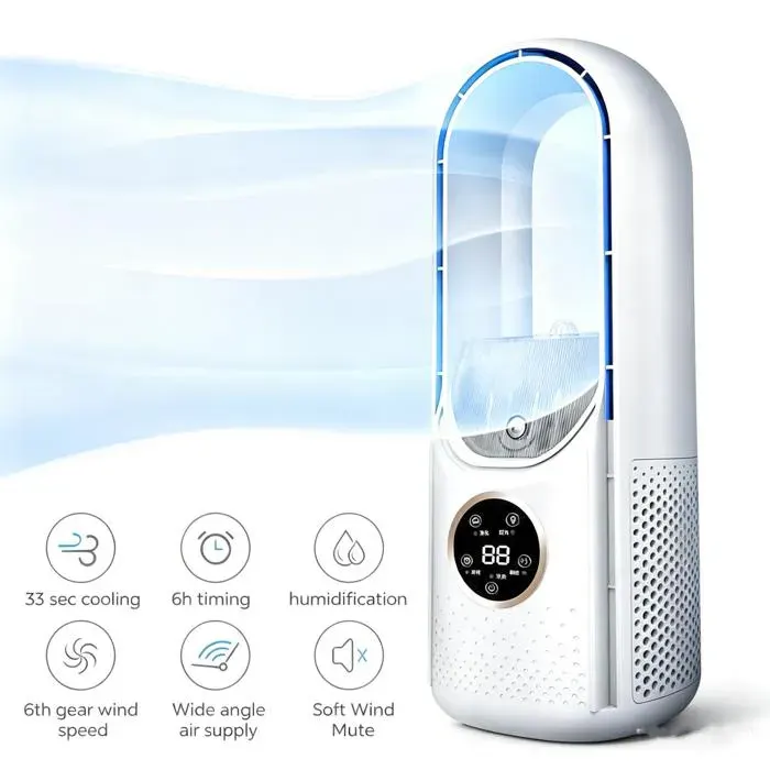 Ventilateur sans pale - UVERBON - Colonne 12 cm USB - 6 vitesses - Minuterie & télécommande - Humidificateur purifiant