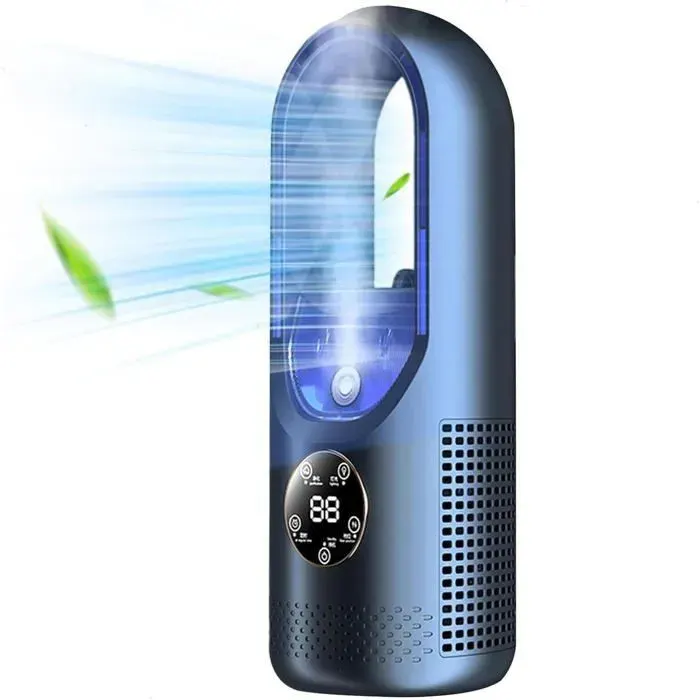 Ventilateur sans pales à 6 vitesses ventilateur de refroidissement portable à écran LED pour bureau maison (Blue)
