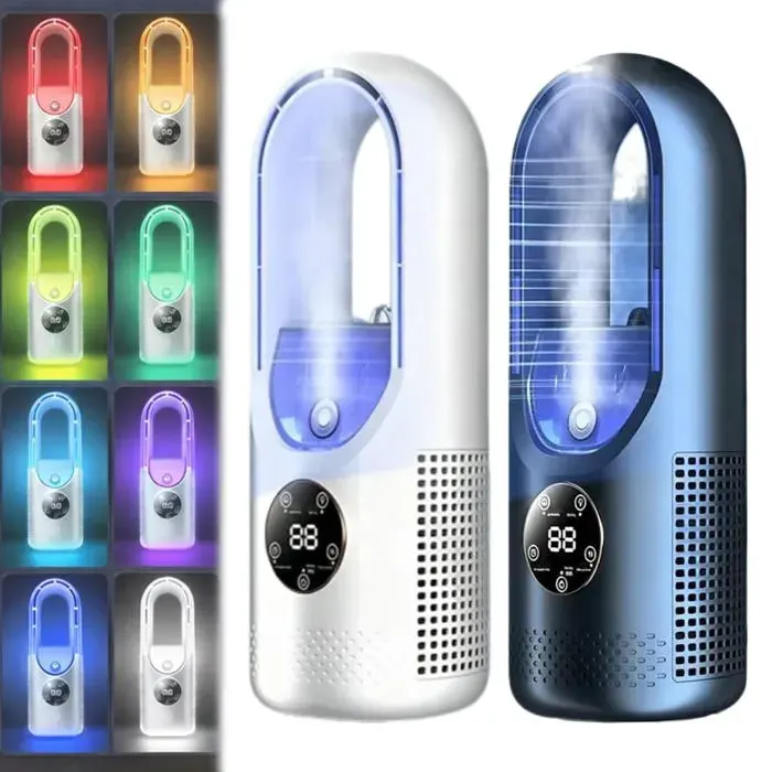 Ventilateur Sans Pales Bicolore - Puissant Silencieux Portable - 6 vitesses LED rechargeable - Chambre bureau voyage - Bleu Blanc