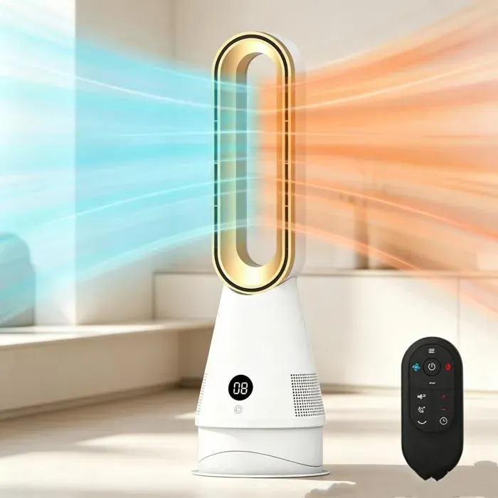 Ventilateur Sans Pales Tour Chaud/Froid 8 Vitesses 9h Minuterie 32dB Silencieux Oscillation Purificateur Air Pour Maison Bureau