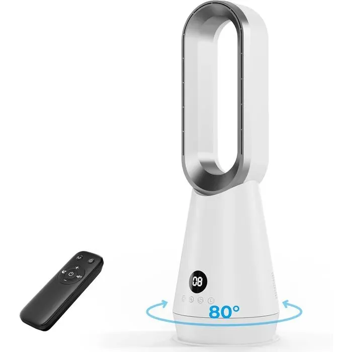Ventilateur Sans Pales Tour Purificateur Air 8 Vitesses 9h Minuterie 32dB Silencieux Oscillation Télécommande LED Maison Bureau