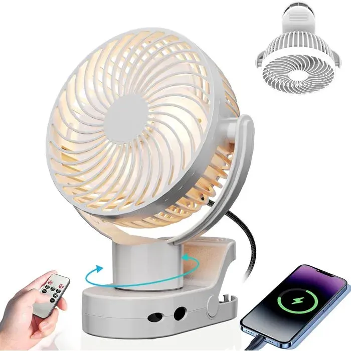 Ventilateur Silencieux 8000mAh Ventilateur Portable Rechargeable 360° Pince Ventilateurs de Bureau avec Veilleuse 4 Vitesses-B
