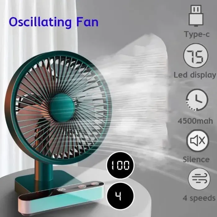 Ventilateur Silencieux Oscillant - Ventilateur de Bureau USB Portable à Batterie de 4000 mAh4 Vitesses 180° Oscillation Vert