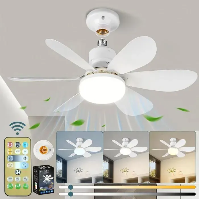 Ventilateur Silencieux Plafond 40W Lampe Ventilateur Plafond avec Douille E27 Silencieux pour Salon Chambre Coucher (52cm)