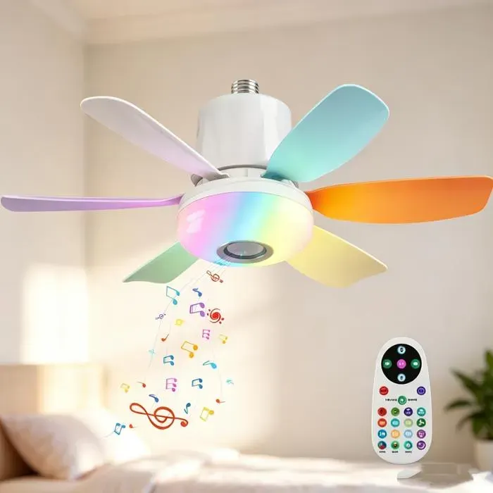 Ventilateur Silencieux Plafond E27 RGB 7 Couleurs Arc-en-ciel Rythme Musical Moteur Sans Balais Dimmable Minuterie 1/2/4h Coloré