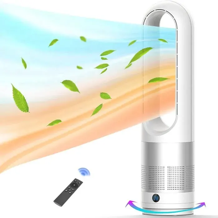 Ventilateur silencieux sans pales 18″ métal argenté – Oscillation 80° télécommande timer 8h design sécurisé enfants & animaux