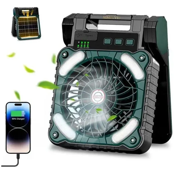 Ventilateur Solaire 10400 mAh LED 4 Vitesses Minuterie – Idéal Camping & Extérieur
