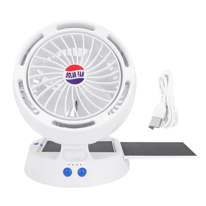 Ventilateur Solaire – 4 Vitesses LED Batterie 5200mAh Charge USB/Solaire – Pour Camping Randonnée – Blanc