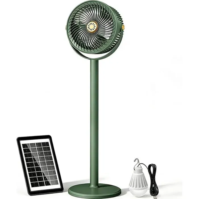 Ventilateur solaire avec panneau et éclairage LED Portable 5 vitesses réglable en hauteur-Vert