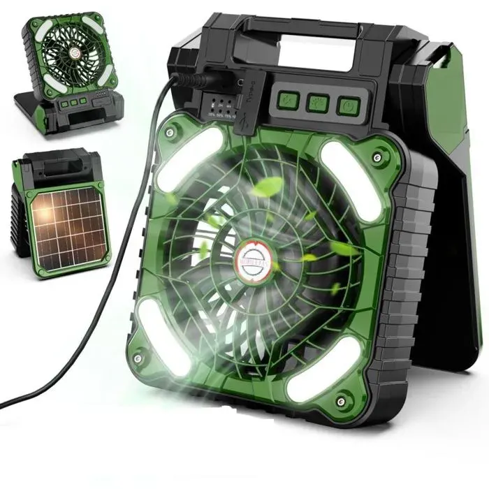 Ventilateur Solaire Portable 10400mAh 4 Vitesses LED Silencieux USB Rechargeable pour Camping & Bureau
