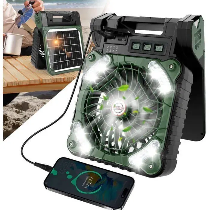 Ventilateur Solaire Rechargeable 5200 mAh Minuterie et 4 Vitesses Idal pour Camping