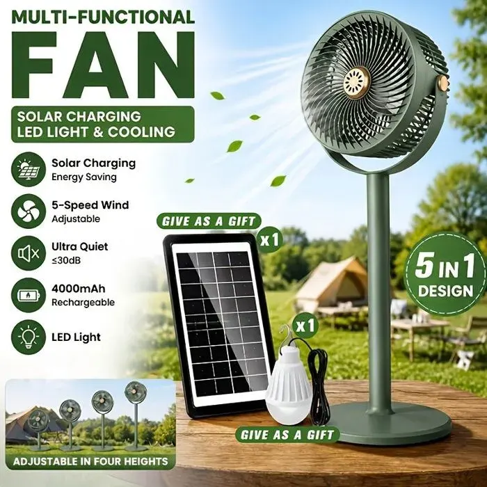 Ventilateur Solaire sur Pied Réglable Rechargeable 5 Vitesses pour Camping(Vert)