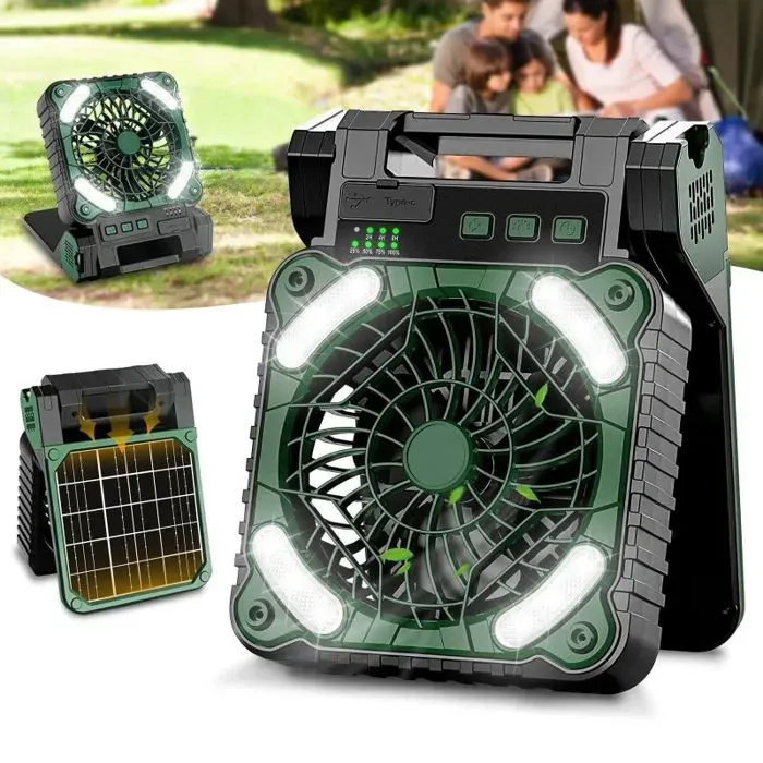 Ventilateur Solaire Ventilateur Camping Rechargeable 10400 mAh Ventilateur Tente Portable avec Lumière LED Minuterie 4 Vitesses