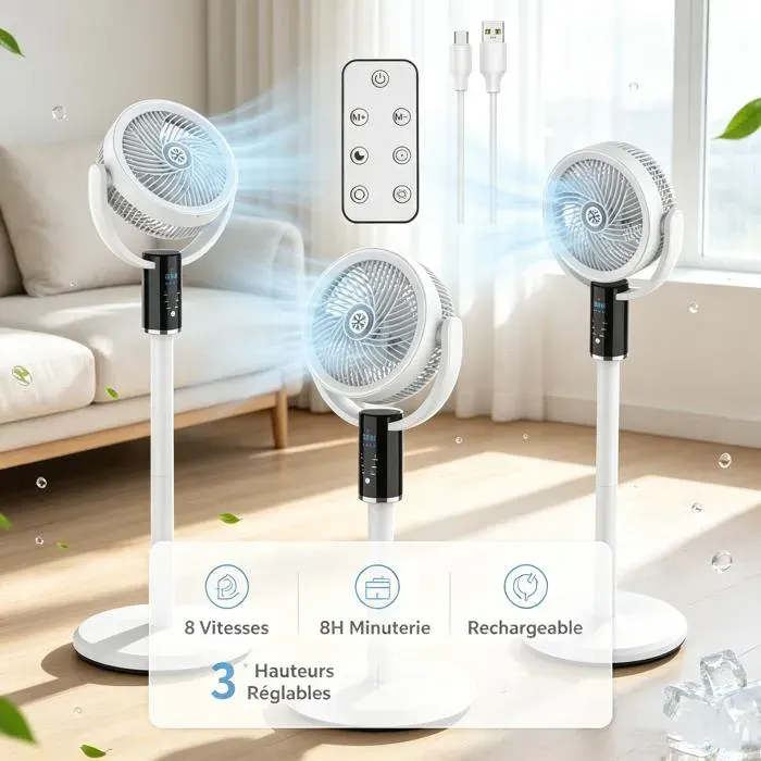 Ventilateur sur pied 3 hauteurs réglables -8 vitesses -8H Minuterie - 90° -Silencieux -Télécommande -Convient pour la maison bureau