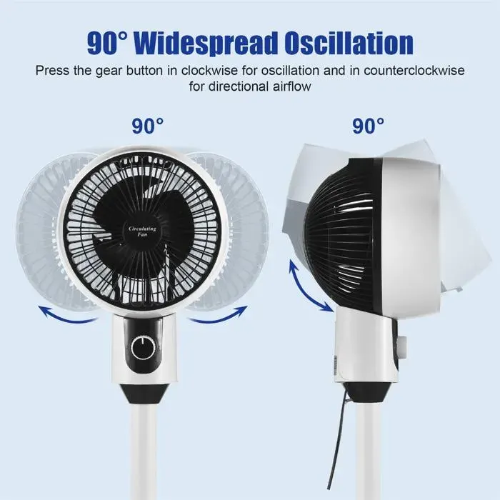 Ventilateur sur pied 45W – Rotation 90° + orientation fixe – silencieux 3 vitesses – blanc/noir
