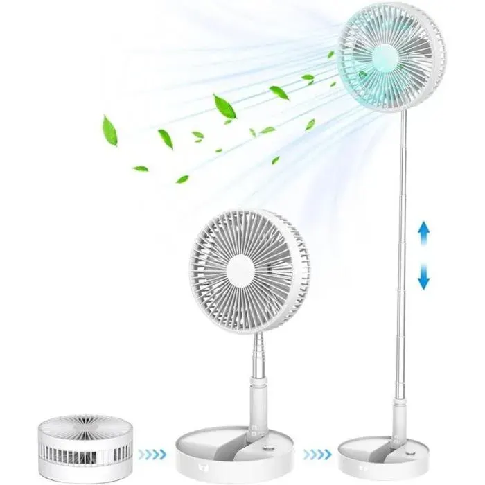 Ventilateur sur pied pliable 2 en 1 – Rechargeable USB 7200 mAh – 4 vitesses – Silencieux – Idéal pour extérieur et intérieur