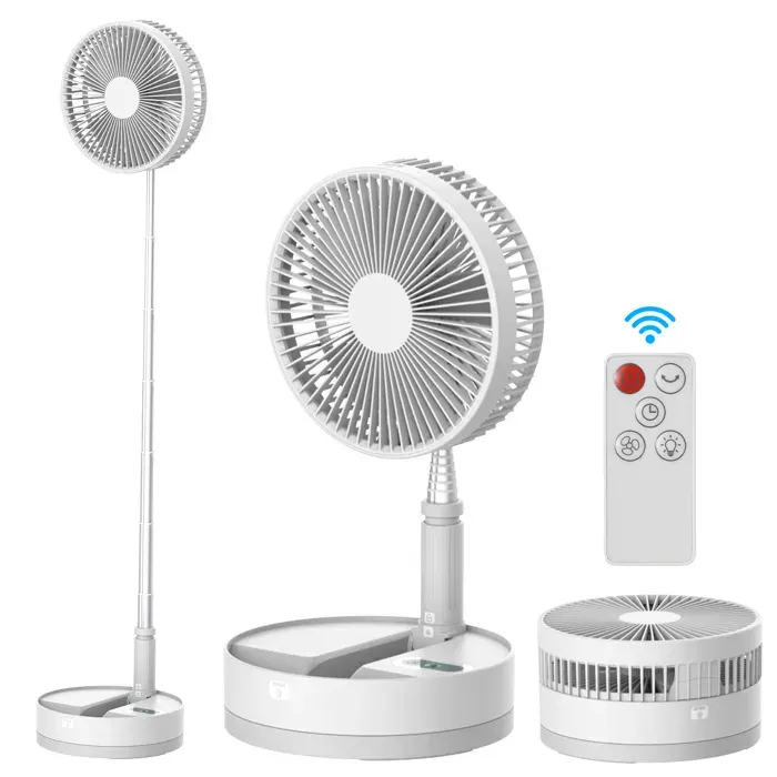 Ventilateur sur pied pliable 9–Batterie 10800mAhTélécommande Lumière LED–Oscillant Silencieux–Pour Maison Camping Bureau–Blanc