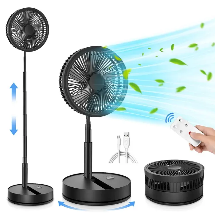 Ventilateur sur pied pliable portable - Batterie 8000 mAh USB C Télécommande - Maison et voyage - Noir