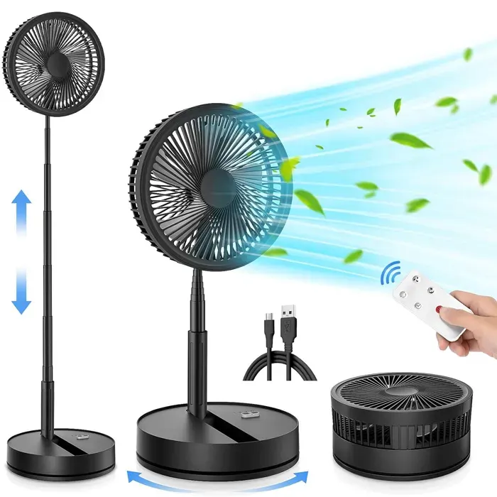Ventilateur sur pied Portable et Pliable 9 Avec Télécommande Batterie 7200 mAh 4 Vitesses Minuterie USB Rechargeable - Noir