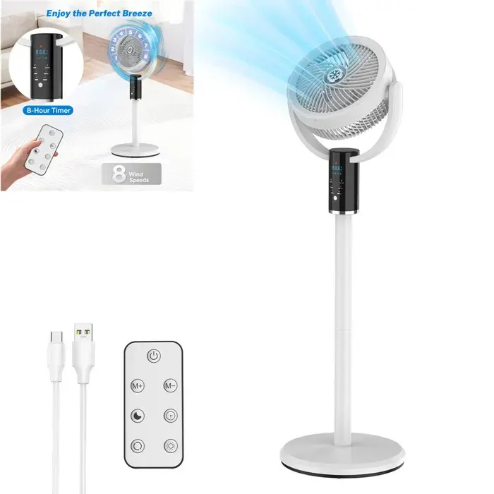 Ventilateur sur Pied Portable Silencieux Ventilateurs avec Télécommande 8 vitesses Hauteur réglable 8H Minuterie avec Écran LED