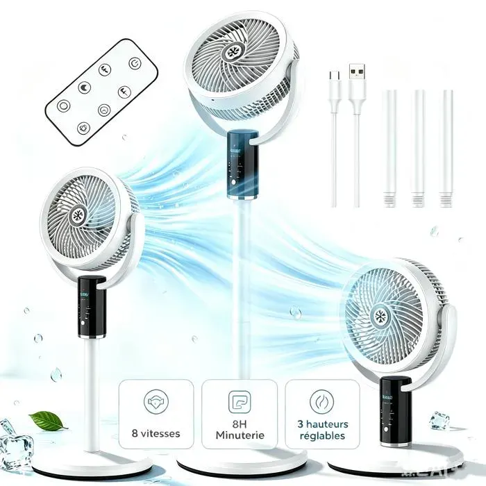 Ventilateur sur pied Puissant Silencieux Télécommande 8 vitesses Hauteur réglable Minuterie 8H Écran LED Ventilateur sur pied3 en 1