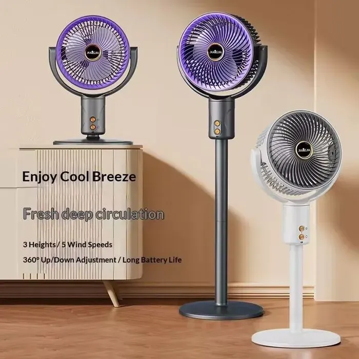 Ventilateur sur Pied Rechargeable à Hauteur Réglable 5 Vitesses Blanc Port USB Type-C Utilisation Sol ou Bureau