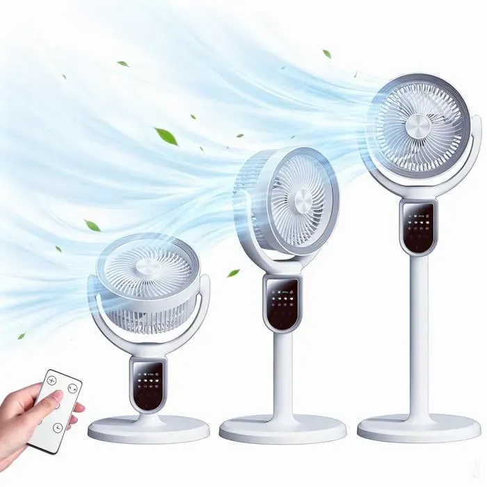 Ventilateur sur pied rechargeable USB – 4 vitesses 4 minuties (1-9h) oscillation 140° hauteur réglable télécommande – Blanc