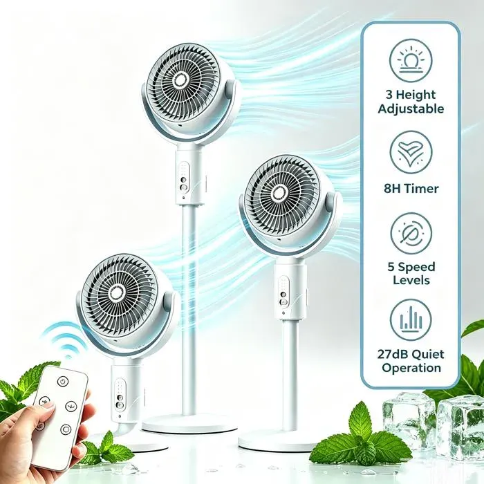 Ventilateur sur pied Silencieux - Ventilateur sur Piédestal - 5 vitesses - 8H Minuterie - 3 hauteurs réglables - Rotation à 90°