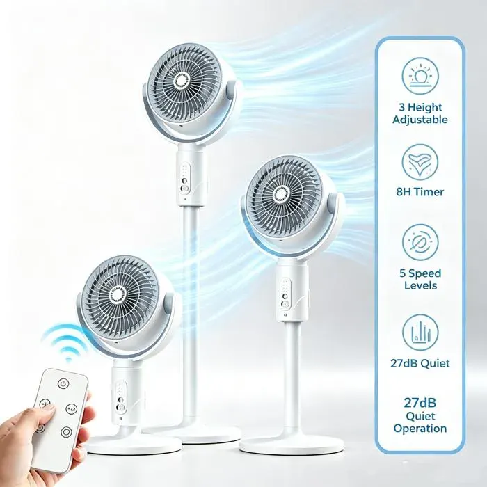 Ventilateur sur pied - Ventilateur sur Piédestal - 5 vitesses - 8H Minuterie - 3 hauteurs réglables - Rotation à 90° - Silencieux