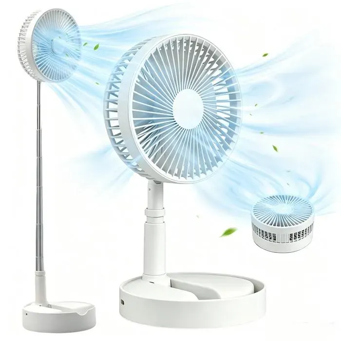 Ventilateur sur Pied Ventilateur Tour Pliable 2 en 1 Sol/Table 7200mAh USB 5W 4 Niveaux Vent Silencieux Bureau Chambre Camping