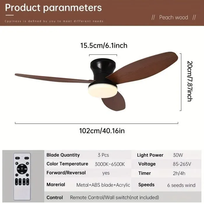 Ventilateur Suspendu Lumineux 3 Feuilles 40.16 Pouces Éclairage Longue Feuille 3 Températures Bois Noir noir multicolor VENTILATEUR
