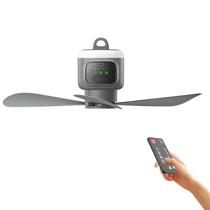 Ventilateur suspendu USB rechargeable 12000 mAh 9W – 4 vitesses télécommande minuterie lampe intégrée – Pour tente dortoir