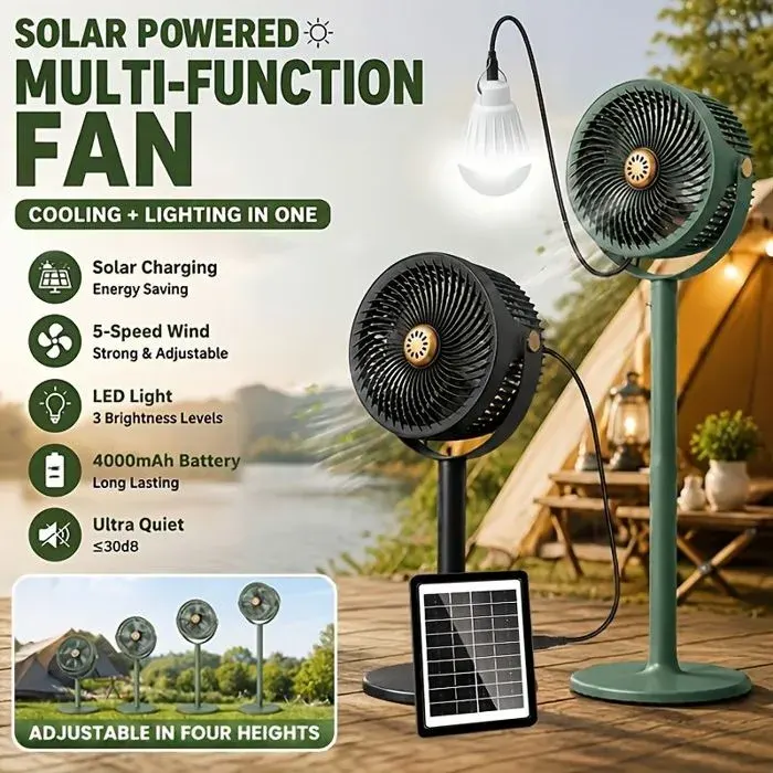 Ventilateur Télescopique Rechargeable Solaire pour Camping et Camping-Voiture(Noir)