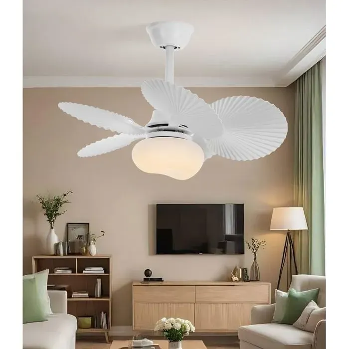 Ventilateur terrasse 70cm avec LED design feuilles de palmier télécommande moteur DC silencieux 6 vitessesBlancM603