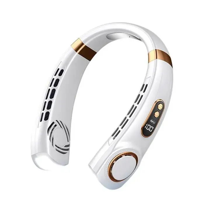 Ventilateur Tour de Cou Blanc Rechargeable - 5 Vitesses - Écran LED - Lumière d’Ambiance - 4000mAh VENTILATEUR