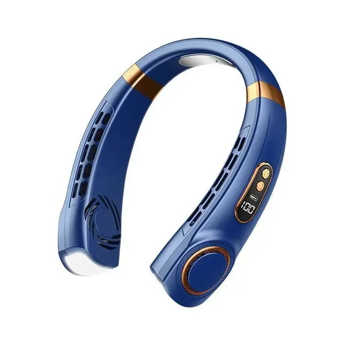 Ventilateur Tour de Cou Portable Rechargeable - 5 Vitesses - Éclairage LED Multicolore - Écran LED - 4000mAh - Bleu