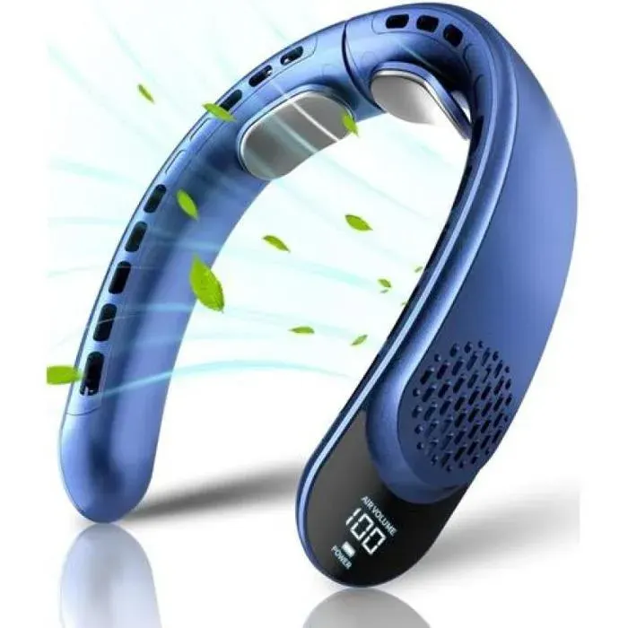 Ventilateur Tour de Cou Sans Pale 4000mAh Ventilateur Rechargeable avec Écran LED et Refroidissement 360°Bleu