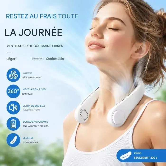 Ventilateur Tour de Cou Sans Pales – Mains Libres Silencieux USB 3 Vitesses – Voyage & Sport Été