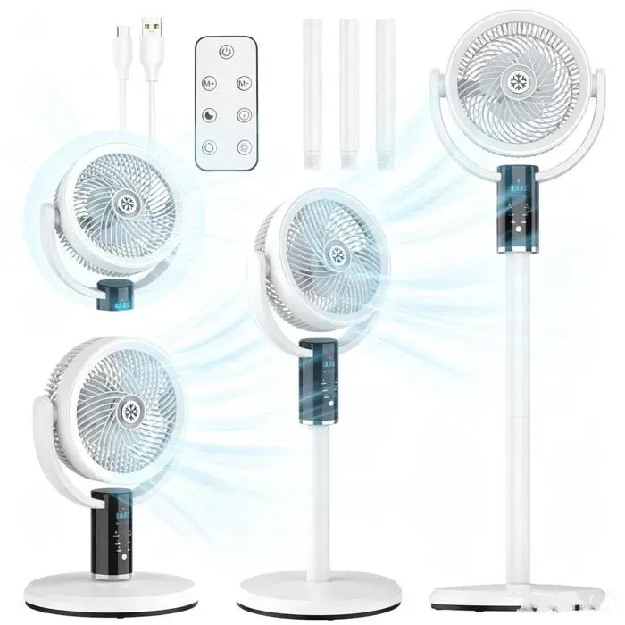 Ventilateur Tour Rechargeable 6000mAhVentilateur sur Pied 8 Niveaux Minuterie Télécommande 3 Hauteurs Lumière Ambiance Type-C 12W