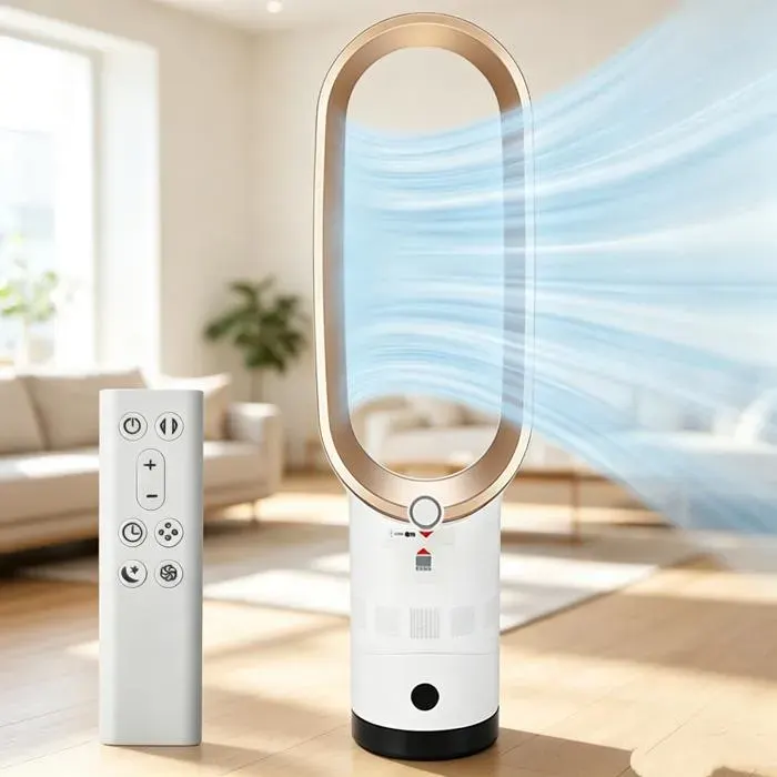 Ventilateur tour Sans Pales 24 Or Blanc 2 en 1 Rafraîchisseur Purificateur 10 Niveaux Double Contrôle LED Anti-Basculement