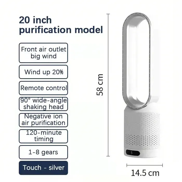 Ventilateur tour sans pales - 8 vitesses de ventilation - Télécommande sans fil - Fonctionnement ultra-silencieux (30 dB) - Blanc