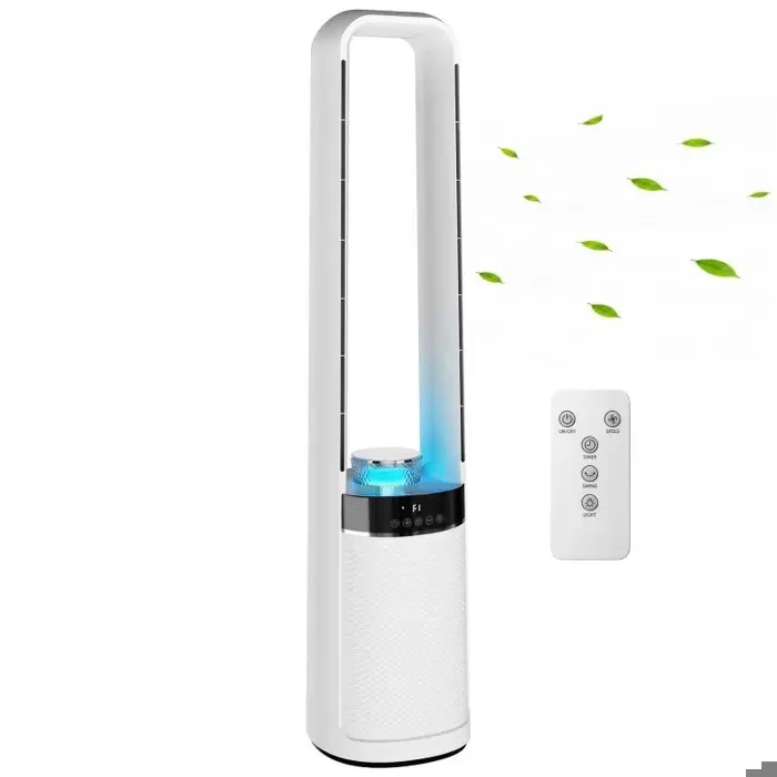Ventilateur tour sans rotor oscillation à 45° éclairage LED 3 vitesses 36 dB minuterie 12 heures télécommande