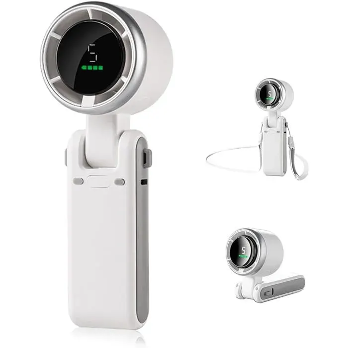 Ventilateur Turbine Haute Vitesse Pliable à Main 180° Réglable 3600mAh USB 5 Vitesses Affichage LED (Blanc)