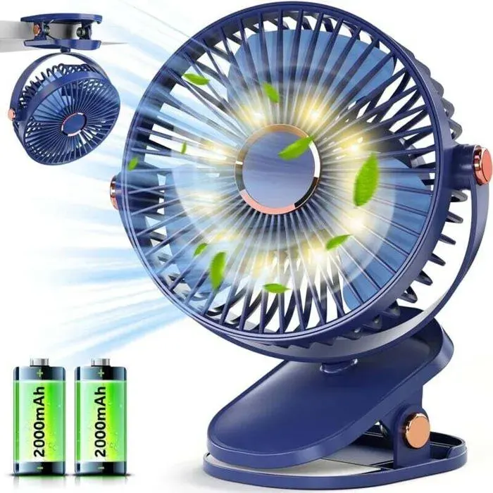 Ventilateur USB – 4000mAh silencieux LED pince 360° – pour bureau lit camping – Bleu