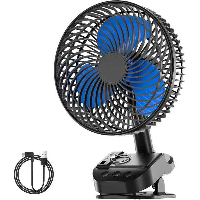 Ventilateur USB à clip 10000 mAh rechargeable 5 vitesses minuterie et rotation multi-angle pour poussette et bureau