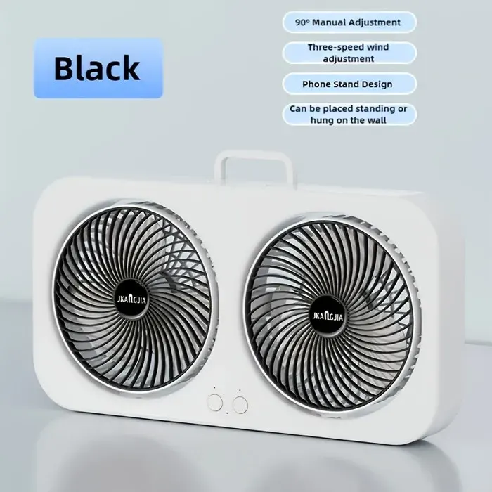 Ventilateur USB Double Tête 360° Murale Sur Pied Batterie Rechargeable 18650 Refroidissement Bureau Chambre Camping Noir